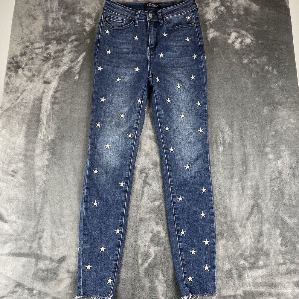 Judy Blue Jeans Womans 1/25 Star Embroidery High-Rise Skinny Raw Hem Whiskers